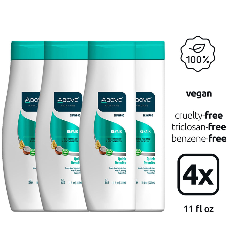 Above Repair Shampoo bottle closeup shows anti-frizz and gentle cleansing benefits.
