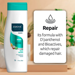 Above Repair Shampoo damaged hair action highlights stronger strands and less breakage.