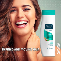 Above Repair Shampoo frizz control demonstration suggests smooth, manageable hair.