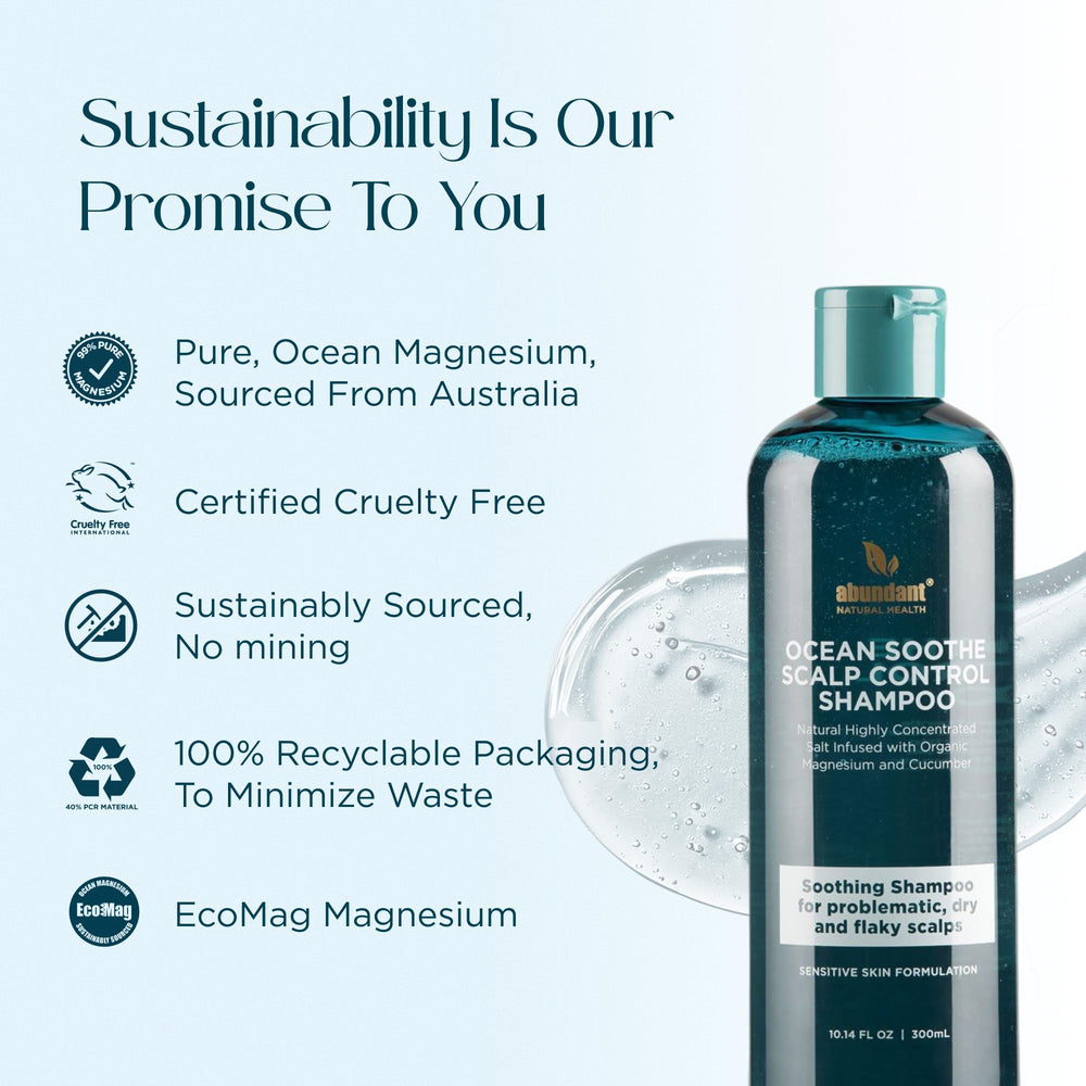 Abundant Natural Health Ocean Soothe Shampoo packaging emphasizes sustainable design.