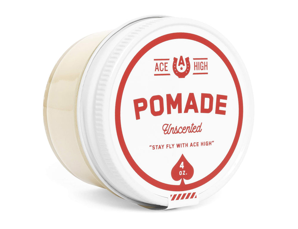 Ace High Unscented Pomade bottle cap shows fragrance-free styling option.