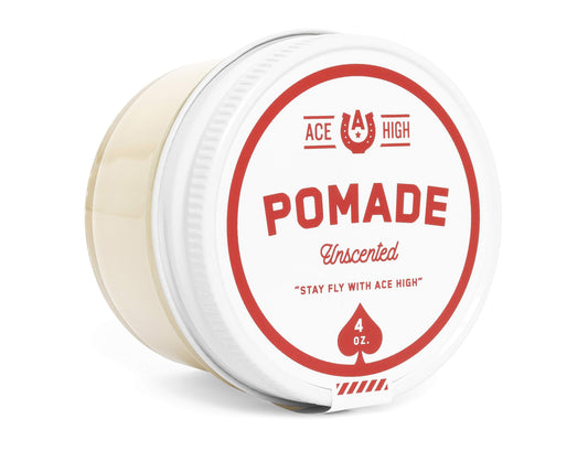 Ace High Unscented Pomade bottle cap shows fragrance-free styling option.