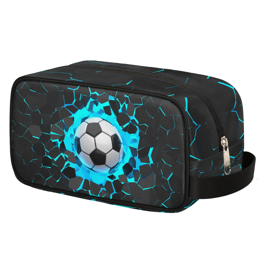 Ackutea Kids Travel Toiletry Bag blue 3D soccer ball front view keeps toiletries organized during travel.