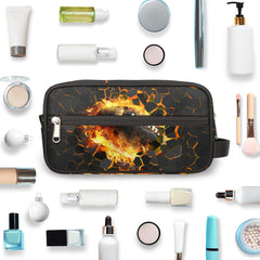 Roomy main compartment holds toothbrushes, toothpaste, shampoo and more.