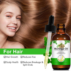 Close-up of Acorn + Oak Moringa oil dropper for nourishing hair and skin.