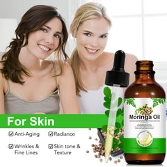Acorn + Oak Moringa oil bottle with label highlights organic, ethane-free formula for care.