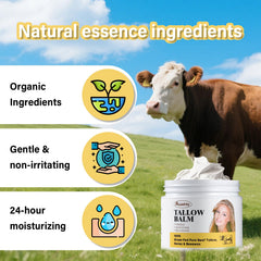Acosexy honey-infused beef tallow balm open tub on wooden surface