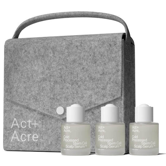 ACT+ACRE Act+Acre stem cell serum bottle shown for scalp hydration.