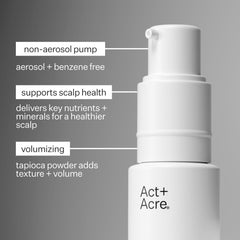 ACT+ACRE dry shampoo powder close-up demonstrating fine texture for blending