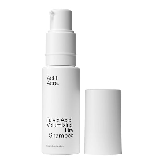 ACT+ACRE plant-based fulvic acid dry shampoo packaging highlights a natural, unscented refresh