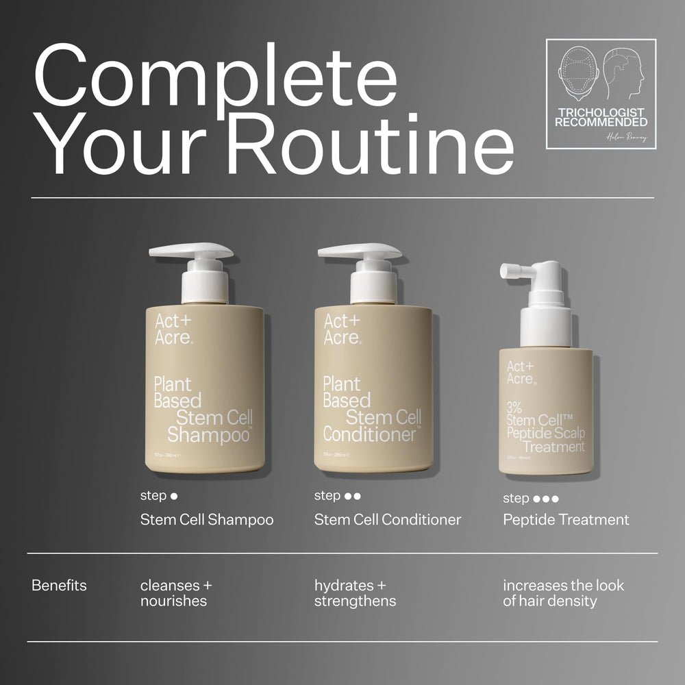 ACT+ACRE Stem Cell Shampoo lifestyle shot suggesting a fuller appearance.