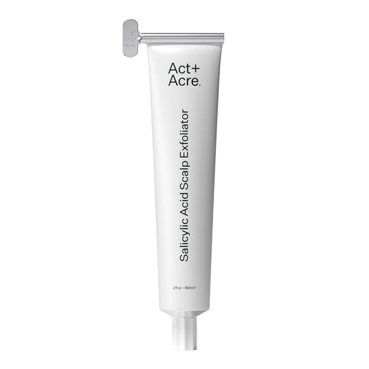 ACT+ ACRE cold processed exfoliator bottle showing gentle scalp exfoliation for flakes