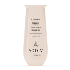 ACTIIV Remedy Dandruff Shampoo bottle closeup highlights plant-based formula for scalp refresh