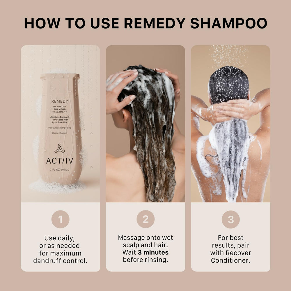 ACTIIV Remedy Dandruff Shampoo on a bathroom shelf emphasizes color-safe care