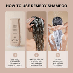 ACTIIV Remedy Dandruff Shampoo on a bathroom shelf emphasizes color-safe care