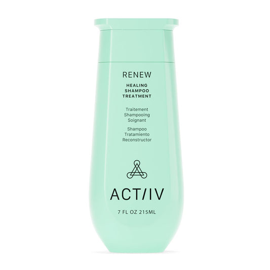ACTIIV Renew shampoo bottle shows color-safe cleansing for all hair types