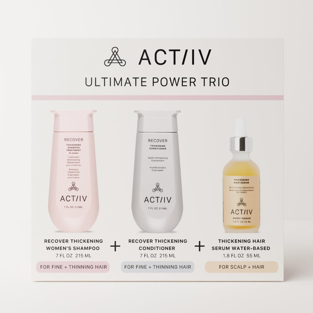 ACTIIV serum bottle shows lightweight, water-based formula for shine.