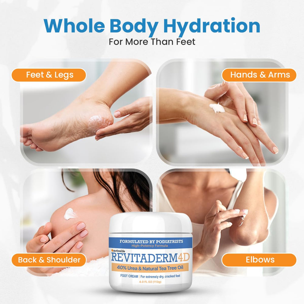 ActivLife RevitaDerm application scene on feet and hands for smoother skin.