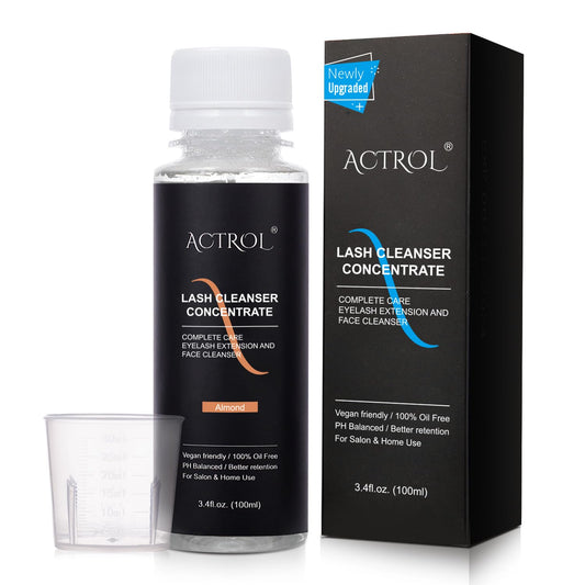 ACTROL eyelash cleanser concentrate bottle pour demonstrates controlled dispensing for easy dilution.