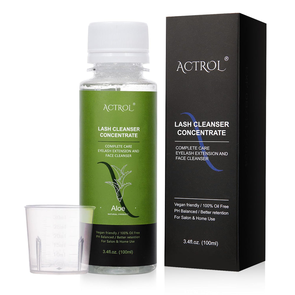 ACTROL Eyelash Shampoo Concentrate bottle shown for at-home lash cleansing and gentle care.