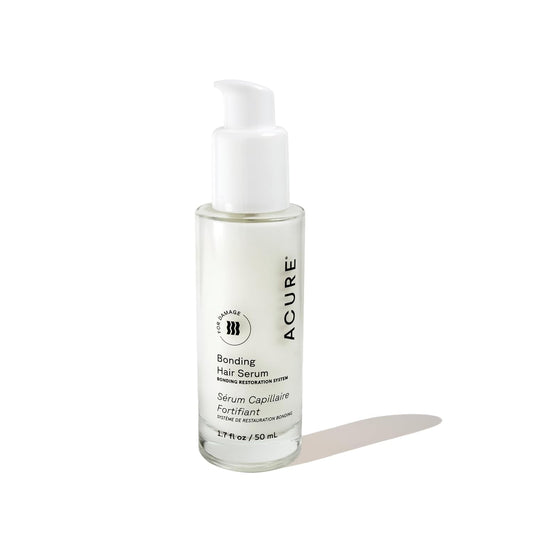 Acure Bonding Hair Serum bottle showing lightweight frizz control and shine