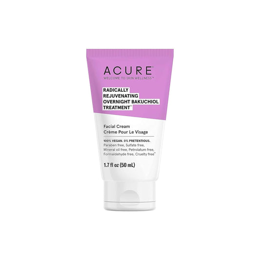 Acure Bakuchiol facial cream bottle supports overnight glow with a plant-based retinol alternative.