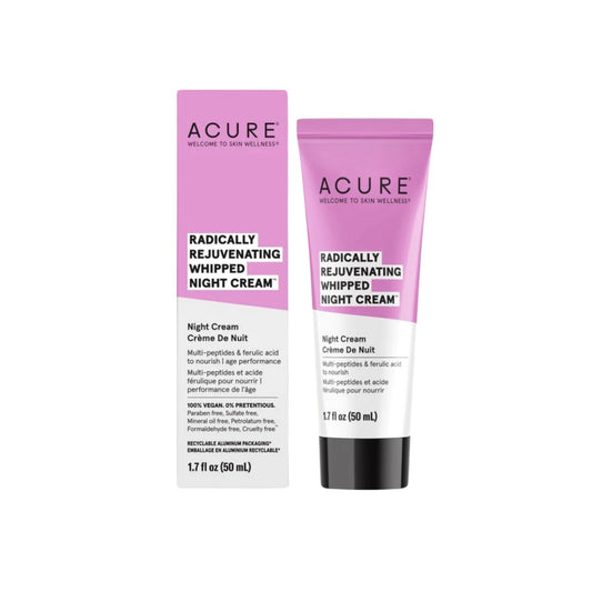 Acure Radically Rejuvenating Whipped Night Cream bottle close-up for overnight hydration.