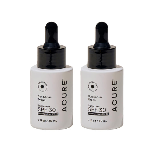 Acure Sun Serum Drops SPF 30 bottle pour for silky, light protection.