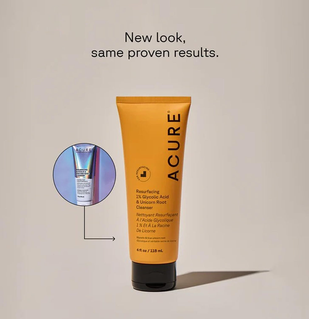 Acure unicorn root exfoliating foam showcases cream-to-foam texture for smooth cleansing.