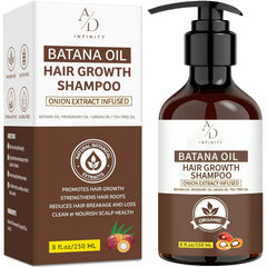 A/D Infinity Batana Oil Shampoo bottle shows organic formula for stronger roots.