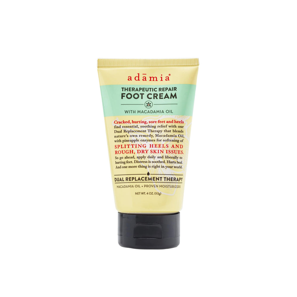 Adamia Therapeutic Repair Foot Cream tube featuring pure macadamia oil for intense hydration.
