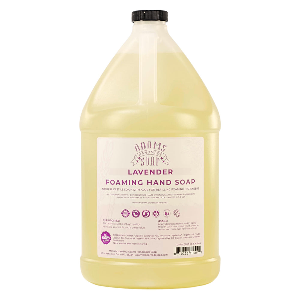 Adams Handmade Soap lavender liquid foaming soap bottle for easy refills.