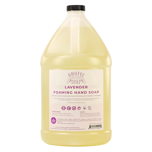 Adams Handmade Soap lavender liquid foaming soap bottle for easy refills.