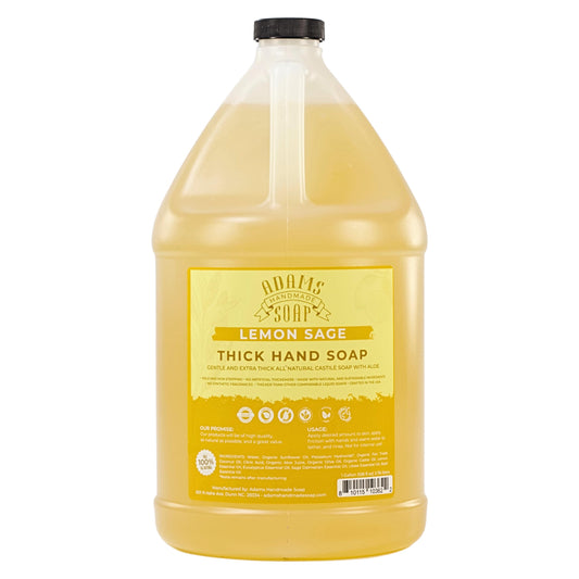 Adams Handmade Soap Lemon Sage castile bottle for gentle hand cleansing.