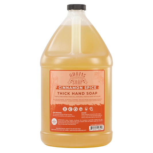 Adams Handmade Soap Cinnamon Spice castile refill bottle, thick formula ideal for long-lasting hand washing.