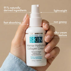 Admire My Skin Collagen Cream being applied to dry skin for soothing hydration.