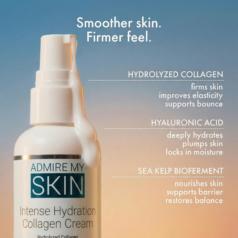 Admire My Skin Collagen Cream packaging highlights non-comedogenic daily use.