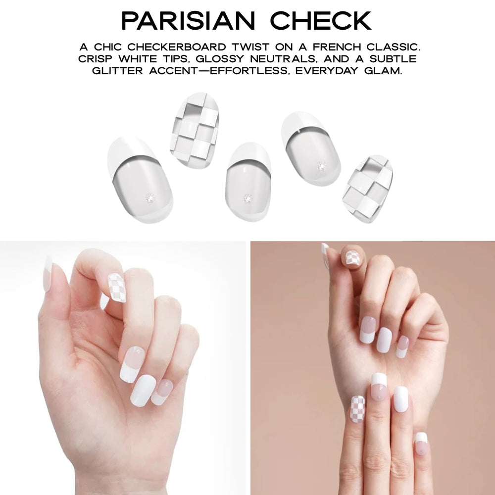 Application close-up shows easy stick-and-cure gel nail strips on nails.