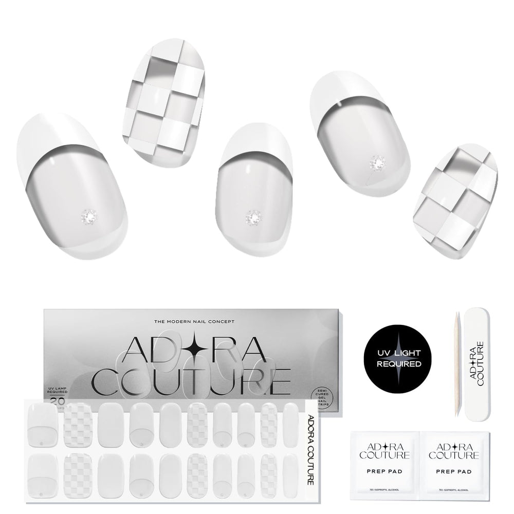 Adora Couture packaging for semi-cured gel nail strips enables at-home manicure.