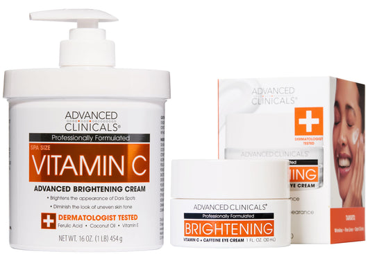 Advanced Clinicals brightening vitamin C body cream bottle hydrates for a radiant look.