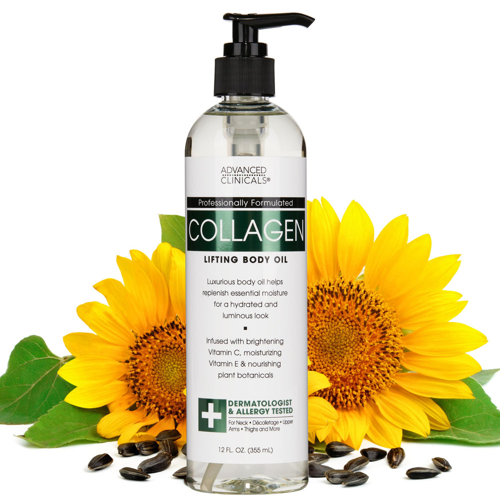 Advanced Clinicals Collagen Oil bottle pour locks in moisture for smoother skin.