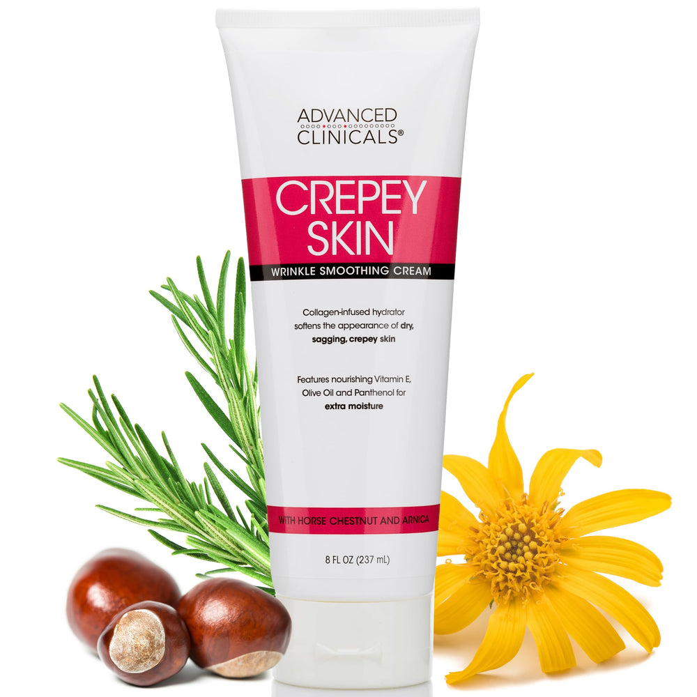 Advanced Clinicals Crepey Skin Treatment bottle showcasing fragrance-free formula.