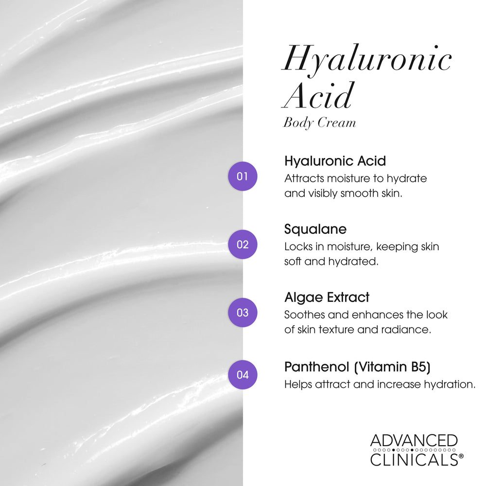 Advanced Clinicals Hyaluronic Acid Body Cream smooths texture with deep hydration.