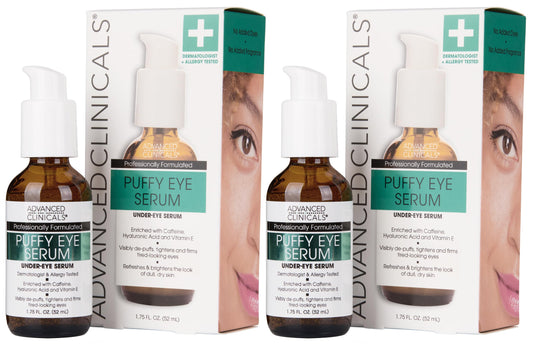 Advanced Clinicals Puffy Eye Serum bottle closeup showing depuffing formula.