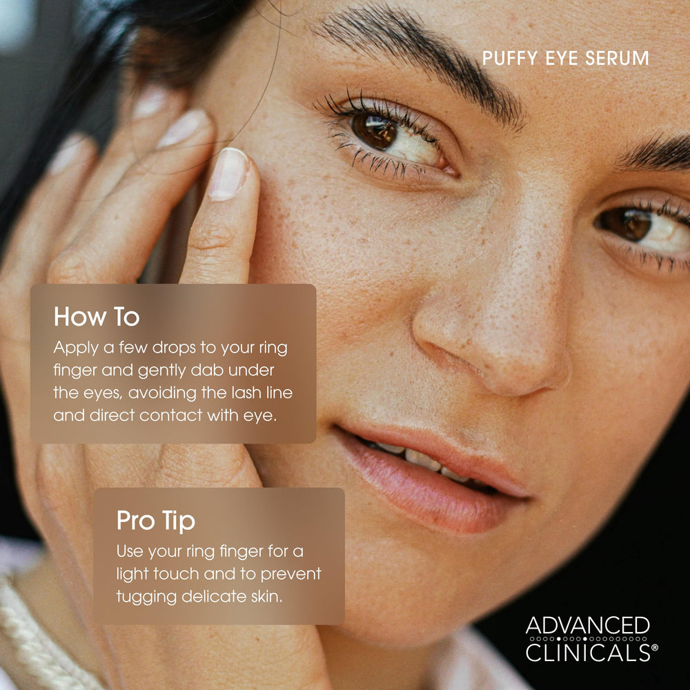 Advanced Clinicals Puffy Eye Serum Vitamin C and Caffeine ingredients emphasize brightening and hydration.
