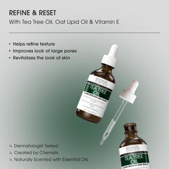 Texture close-up of Advanced Clinicals Tea Tree Serum shows lightweight, smoothing finish.