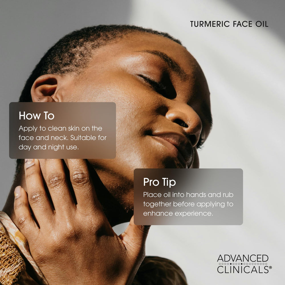 Advanced Clinicals Turmeric Oil Serum ingredients include jojoba and coconut oil nourishing skin.
