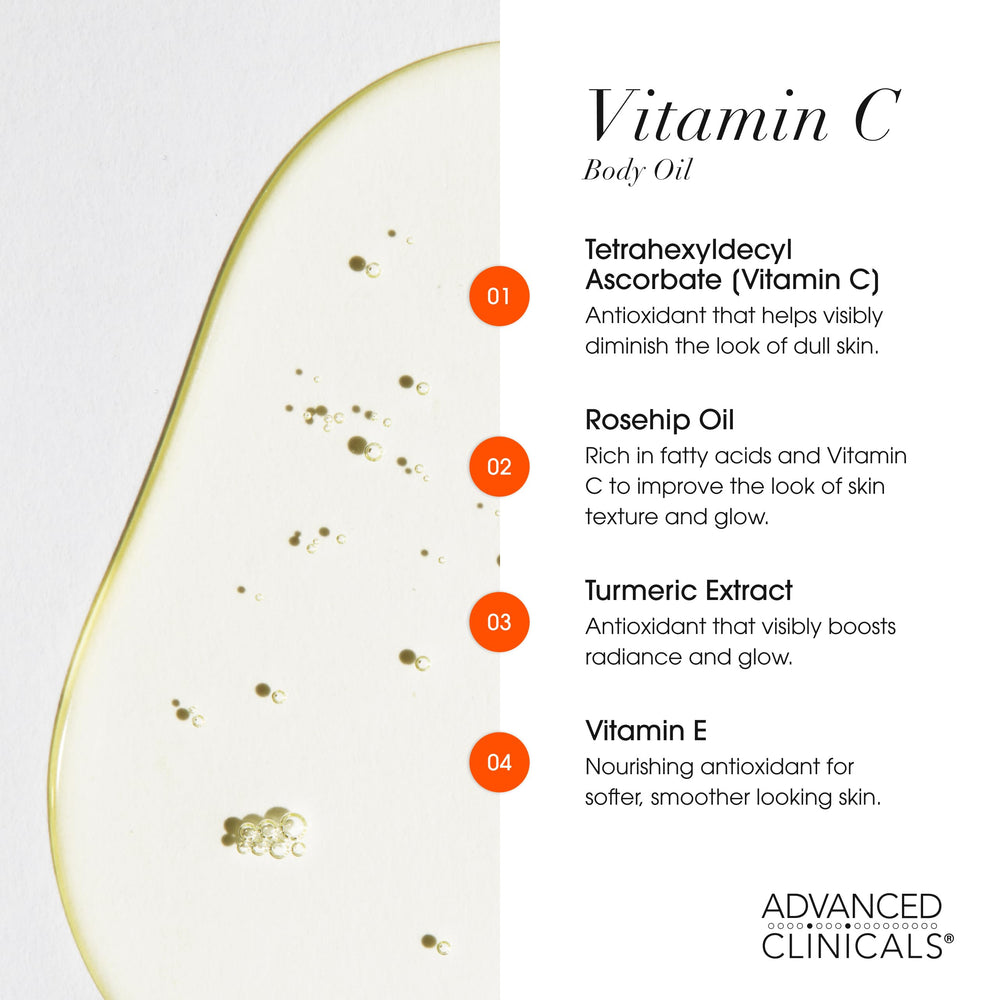 Advanced Clinicals Vitamin C Brightening Body Oil rosehip oil visual highlights nourishing texture.
