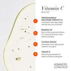 Advanced Clinicals Vitamin C Brightening Body Oil rosehip oil visual highlights nourishing texture.