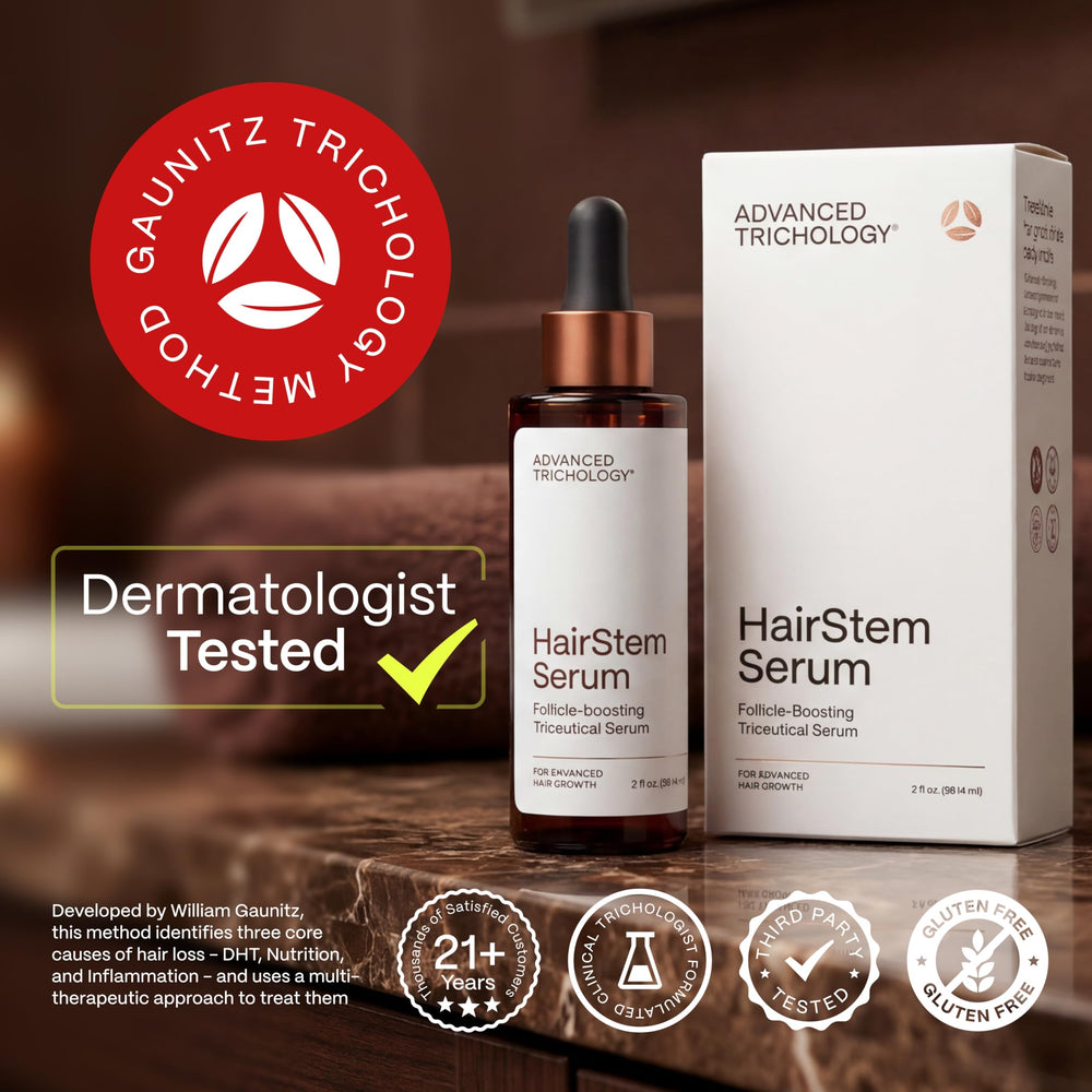 HairStem bottle against clean background illustrating easy scalp application.